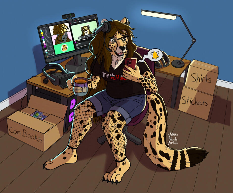 Digital drawing of a cheetah furry character at her desk