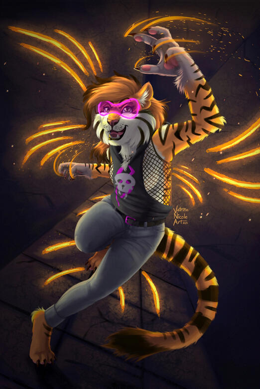 Digital painting of a tiger furry fighting her way down a dark hallway