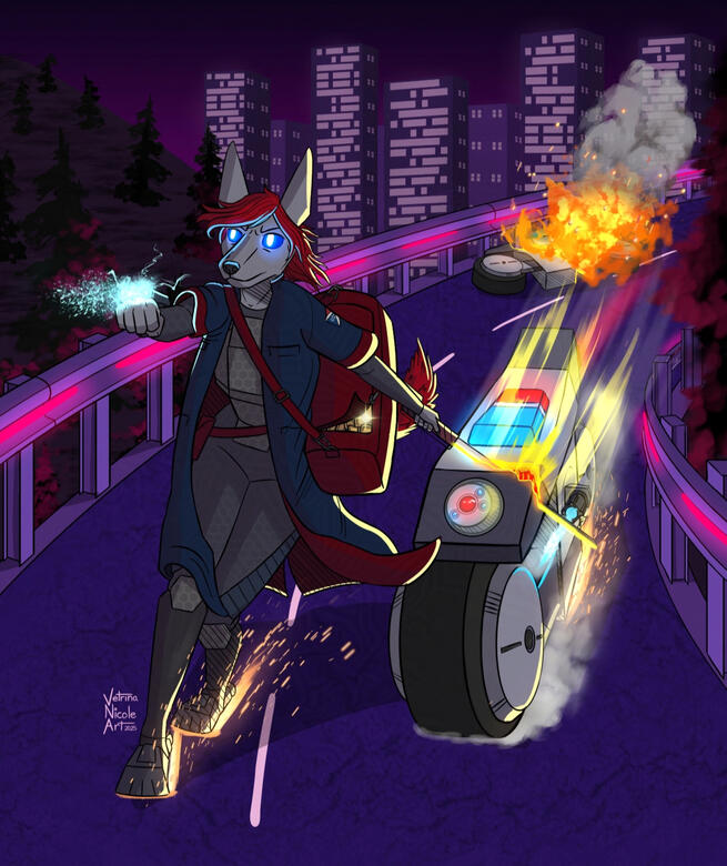 Digital drawing of a canine android being chased by police drones