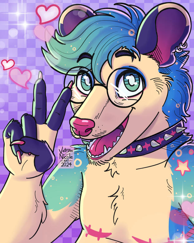 Digital drawing of a blue and tan opossum furry holding up a peace hand sign