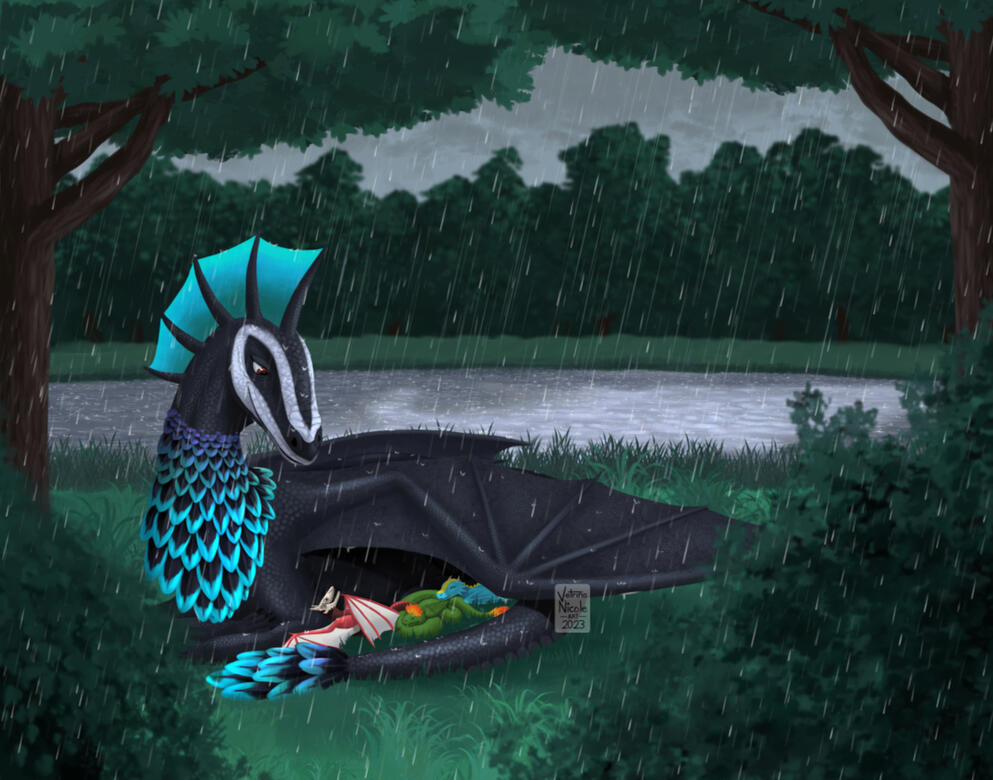 Digital painting of a black dragon parent lying in a forest with their wing outstretched, protecting three sleeping dragon babies from the rain.