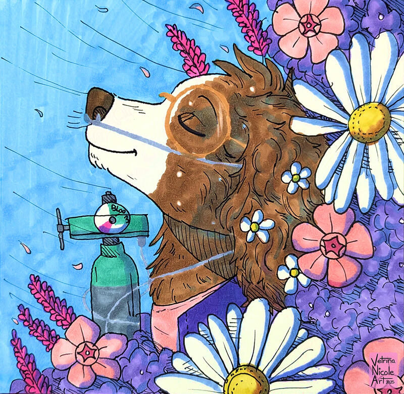 Ink & marker drawing of a springer spaniel dog furry character surrounded by flowers