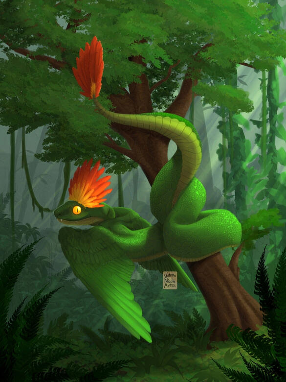 Digital painting of a green snake-like dragon wrapped around a tree in a jungle