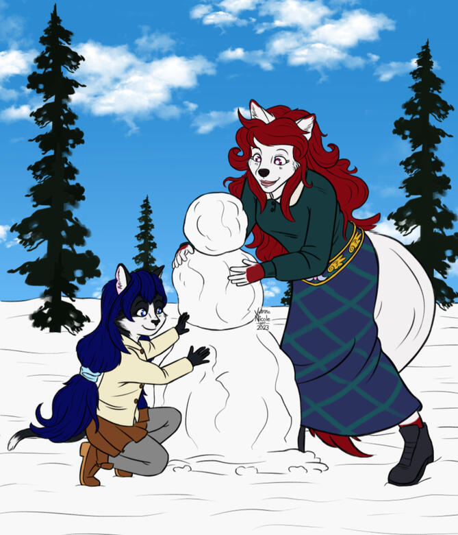 Digital drawing of a fox anthro and a cat anthro building a snowman
