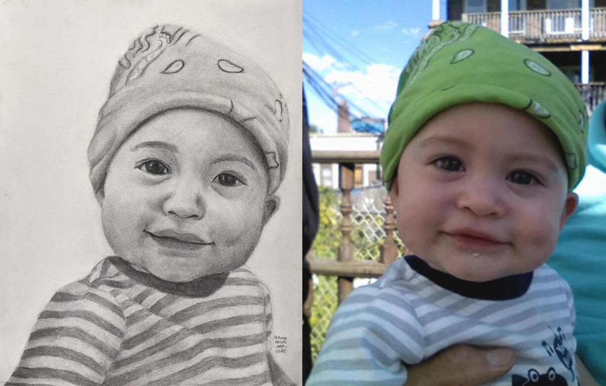 Charcoal portrait of a baby wearing a hat and striped shirt