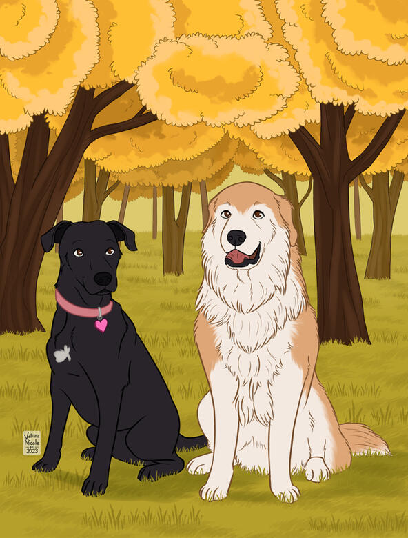 Digital drawing of a black lab dog and a white great pyrenees dog in a forest of trees with yellow leaves.