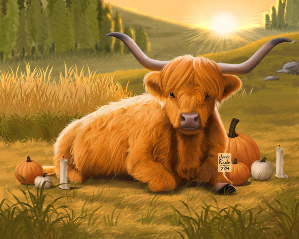 Digital painting of a highland cow lying in a field
