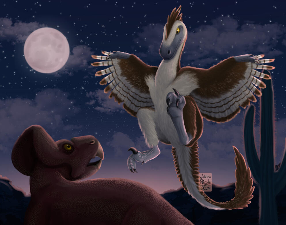 Digital painting of a velociraptor pouncing on a protoceratops dinosaur
