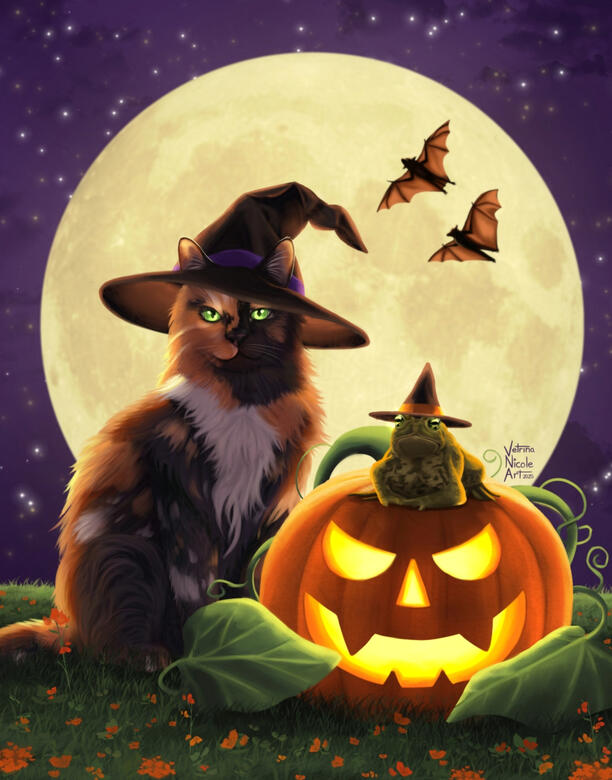 Digital painting of a tortoiseshell cat, a toad, and a jack-o-lantern