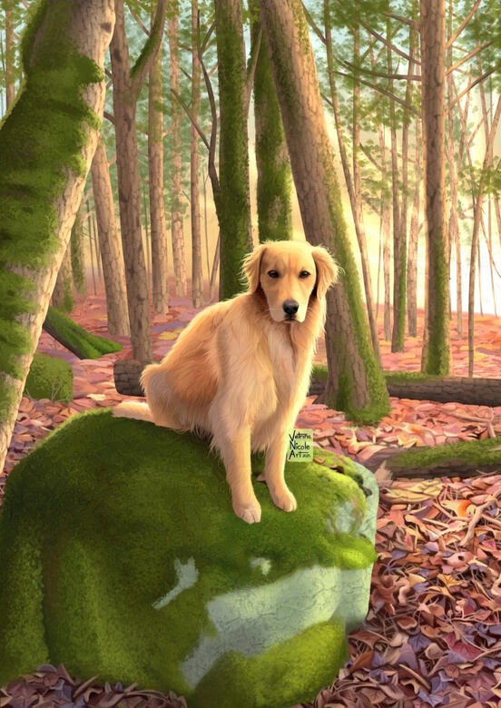 Digital painting of a golden retriever dog in an autumn forest