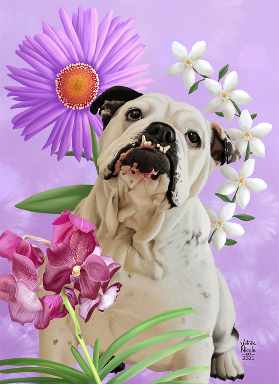 Digitally painted portrait of a bulldog with flowers