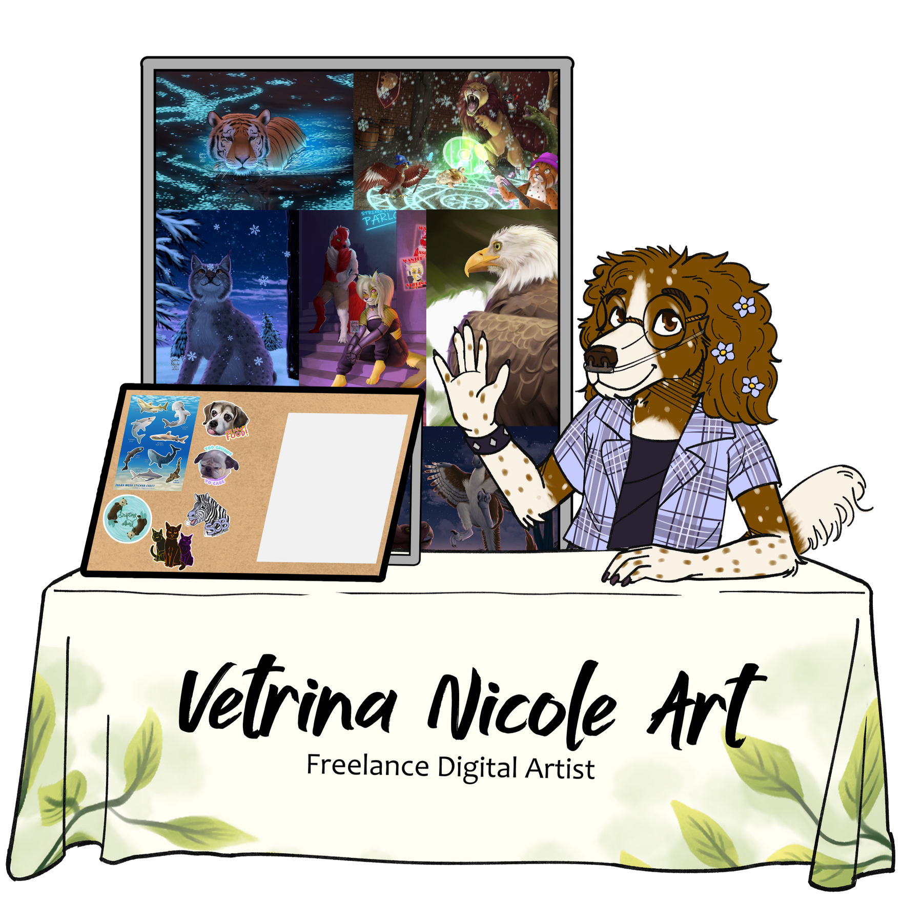 Virtual vendor booth featuring my fursona and several of my art prints and stickers